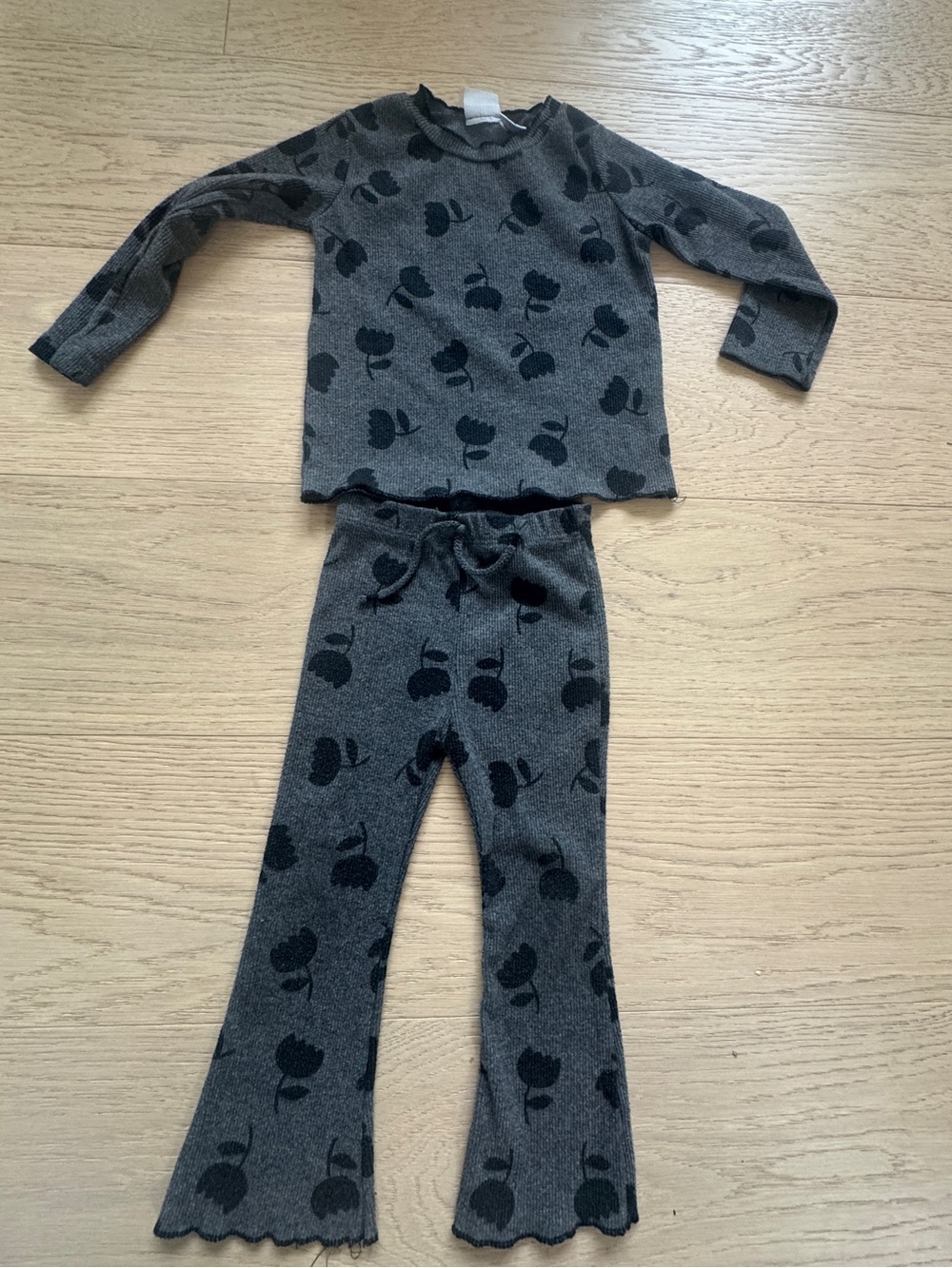 Zara Gray Pajama Set with Black Floral Motif